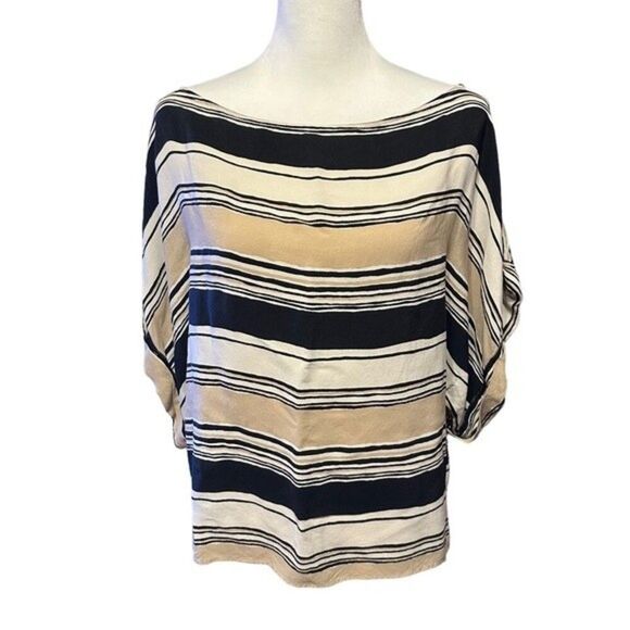 Zara Tan Beige White Black Stripe Tie Back Top Blouse Shirt Sz L - Picture 1 of 7
